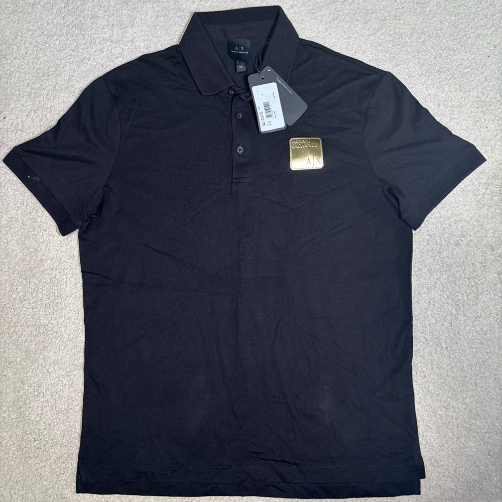 New Armani Exchange Men's Black Gold Box Logo Polo Shirt Size Medium